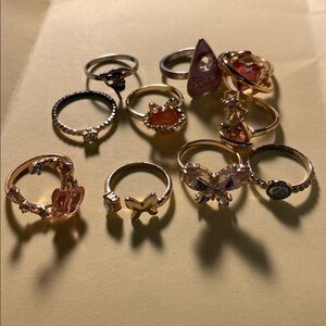 Elegant Gold and Pink Gemstone Ring Set with Grunge Silver Rings Bundle